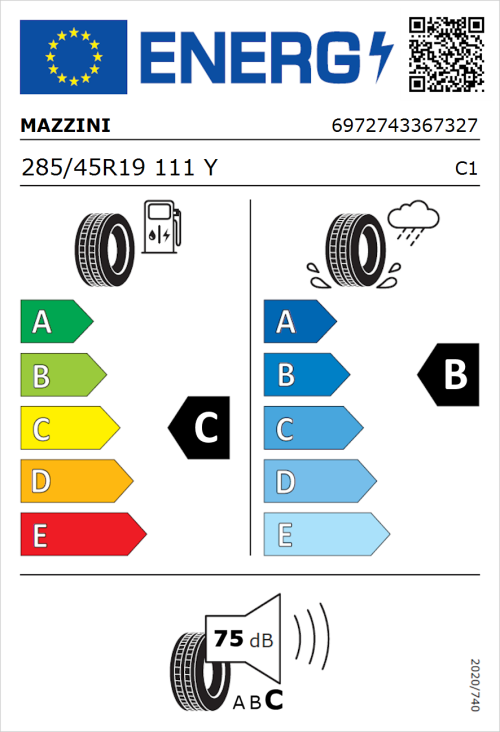 Tyre Label for Mazzini Eco 602 285/45R19 111Y