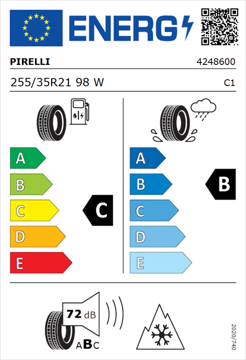 Tyre Label for Pirelli Winter Sottozero 3 255/35R21 98W