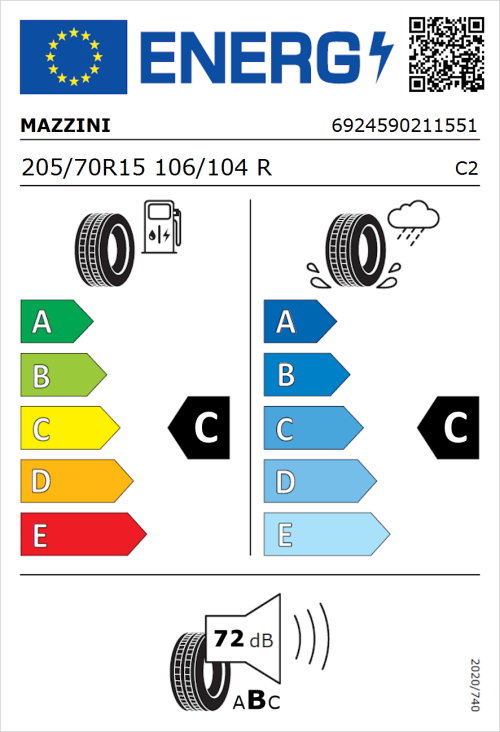 Tyre Label for Mazzini Effivan 205/70R15 106/104R